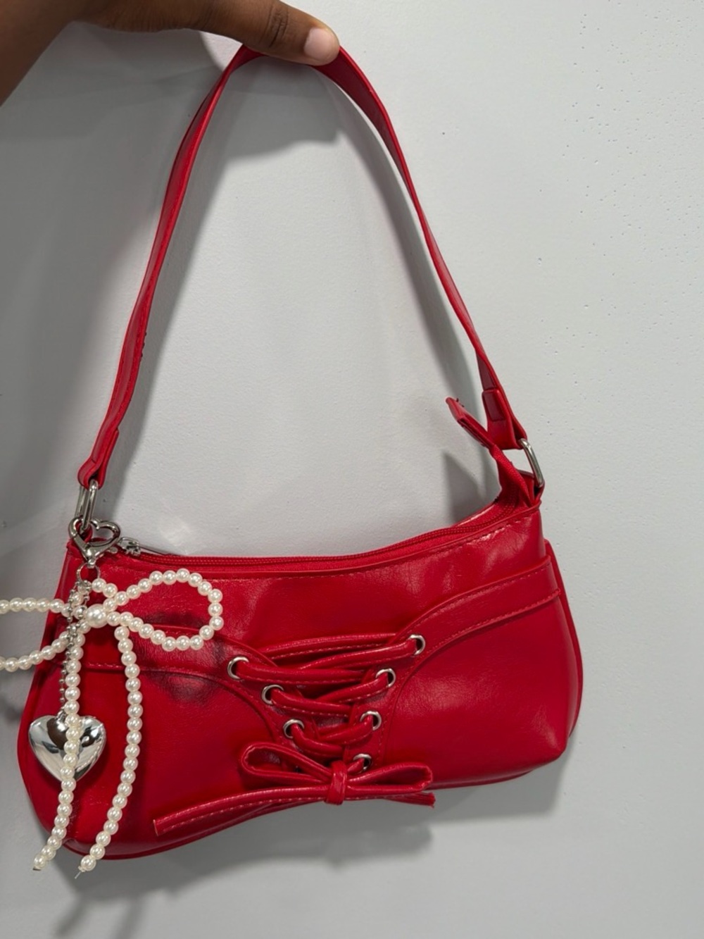Women’s Red Lace-Up Shoulder Bag with Pearl Heart Charm